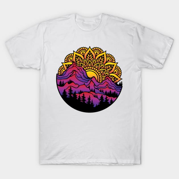mandala sun over mountains T-Shirt by AmazingArtMandi